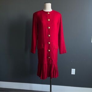 Vintage Harlan Red Wool Crepe Dress Gold Buttons Drop Waist Midi